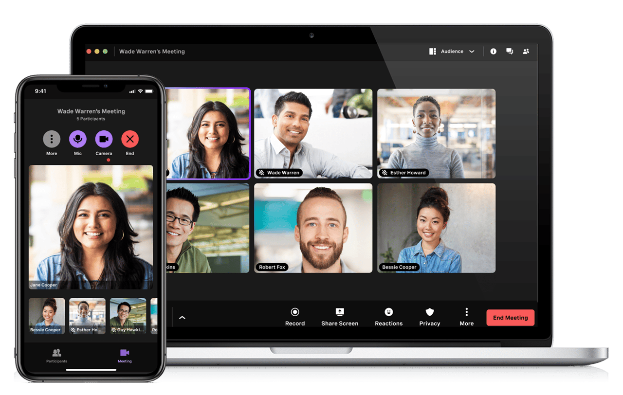 image d'une femme utilisant Vonage Meetings avec une capture d'écran des différents participants