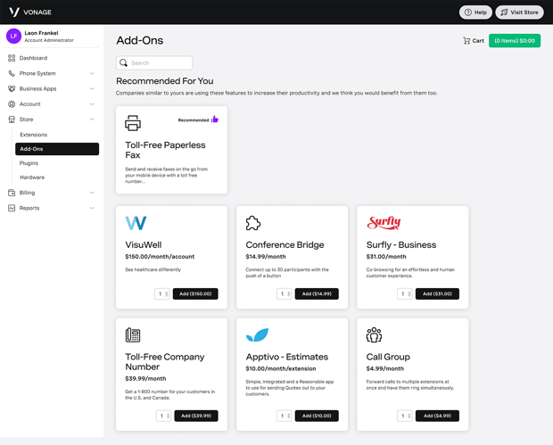 Screen capture of Vonage Business app